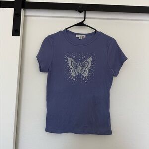 Y2K Sparkle Butterfly Rhinestone Blue Ribbed Baby Tee Shirt T-shirt Top XL